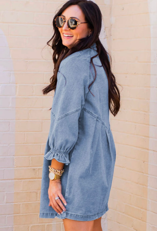Sky Blue Buttoned Long Sleeve Denim Mini Dress
