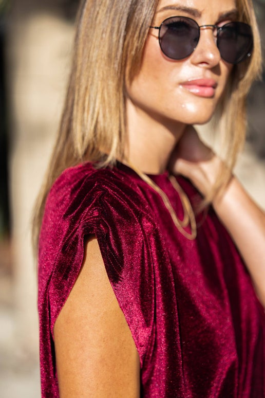 Amaryllis Velvet Ruched Shoulder Tee
