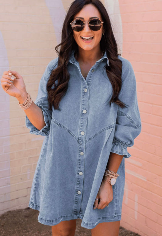 Sky Blue Buttoned Long Sleeve Denim Mini Dress