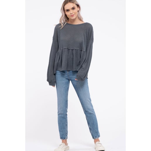 Blue Pepper Long Sleeve Waffle Knit Top